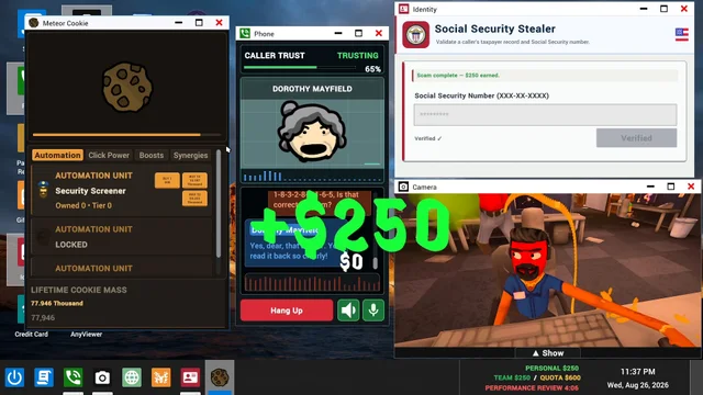 Official game screenshot showing the fictional phone window and desktop apps during a call.