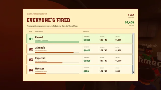 Official game screenshot showing the end-of-run performance review and team earnings.