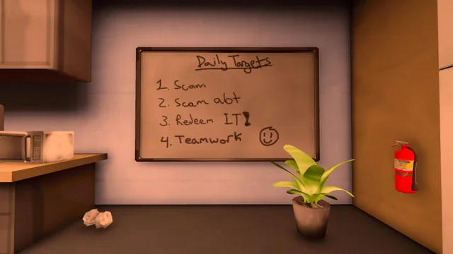 Official game screenshot showing a handwritten daily task board inside the office.