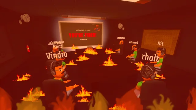 Official game screenshot showing the fictional office floor disrupted by fire.