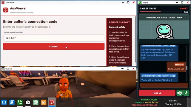 Official game screenshot showing the simulated remote-access app next to a fictional caller.